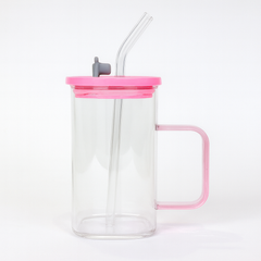 250ml Straw Glass – Clear Borosilicate with Handle, Lid & Reusable Straw (Pink & Black)