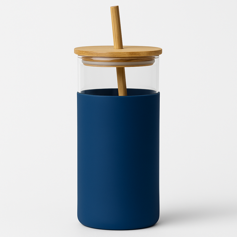 1Pc 500ml Straw Glass Bottle – Reusable with Wooden Lid & Silicone Sleeve (Green, Pink, Blue, Beige) - Habitt