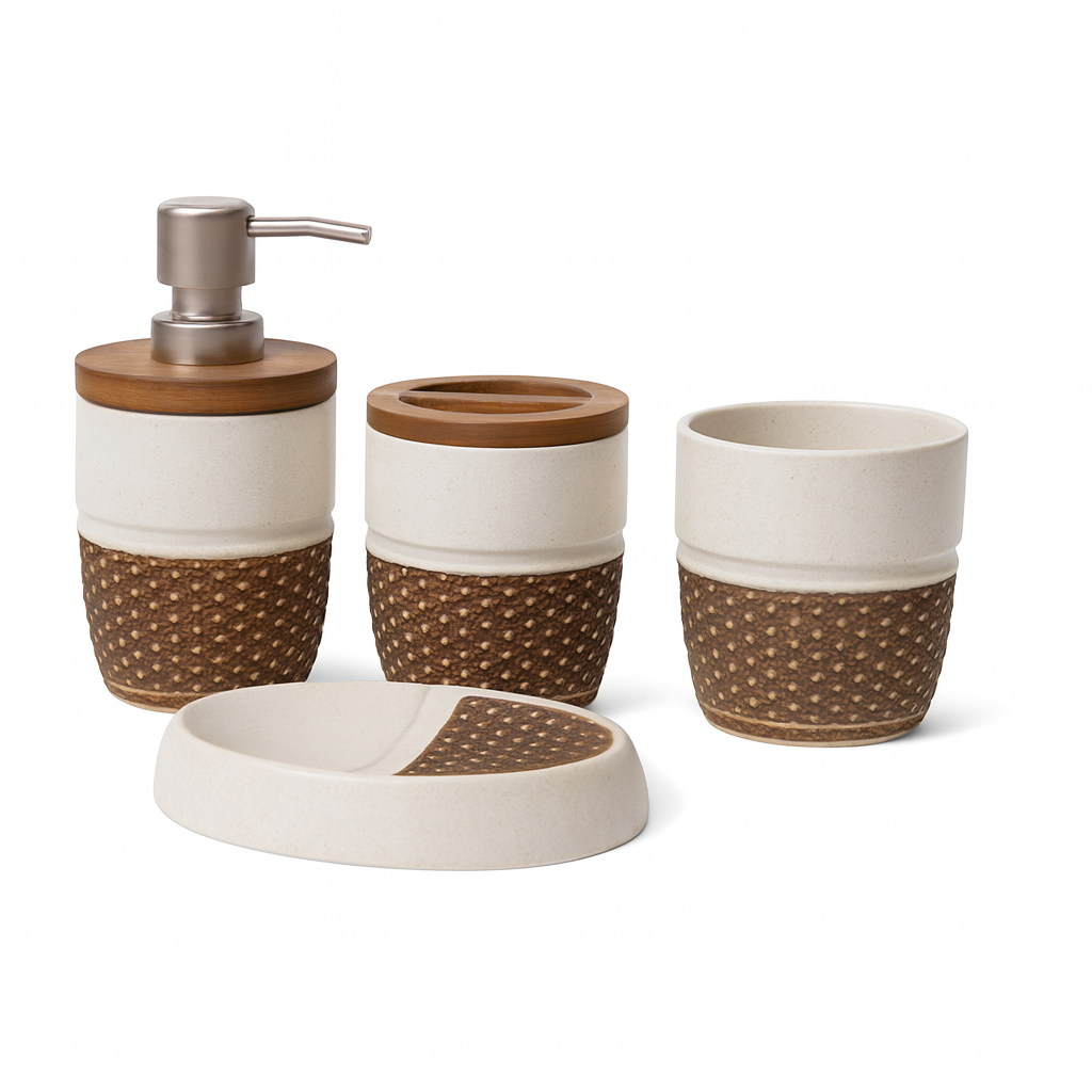4 Pcs Bathroom Set – Soap Dispenser, Toothbrush Holder, Tumbler & Soap Dish – Ceramic Textured Design – 2 Colours Black and White - Habitt