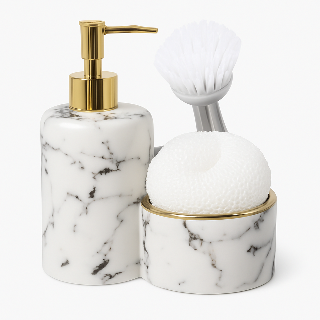 3 Pcs Attached Soap Dispenser with Scrubber & Brush Holder – Marble Design – Ceramic Bathroom / Kitchen Accessory – 2 Colours Black and White - Habitt
