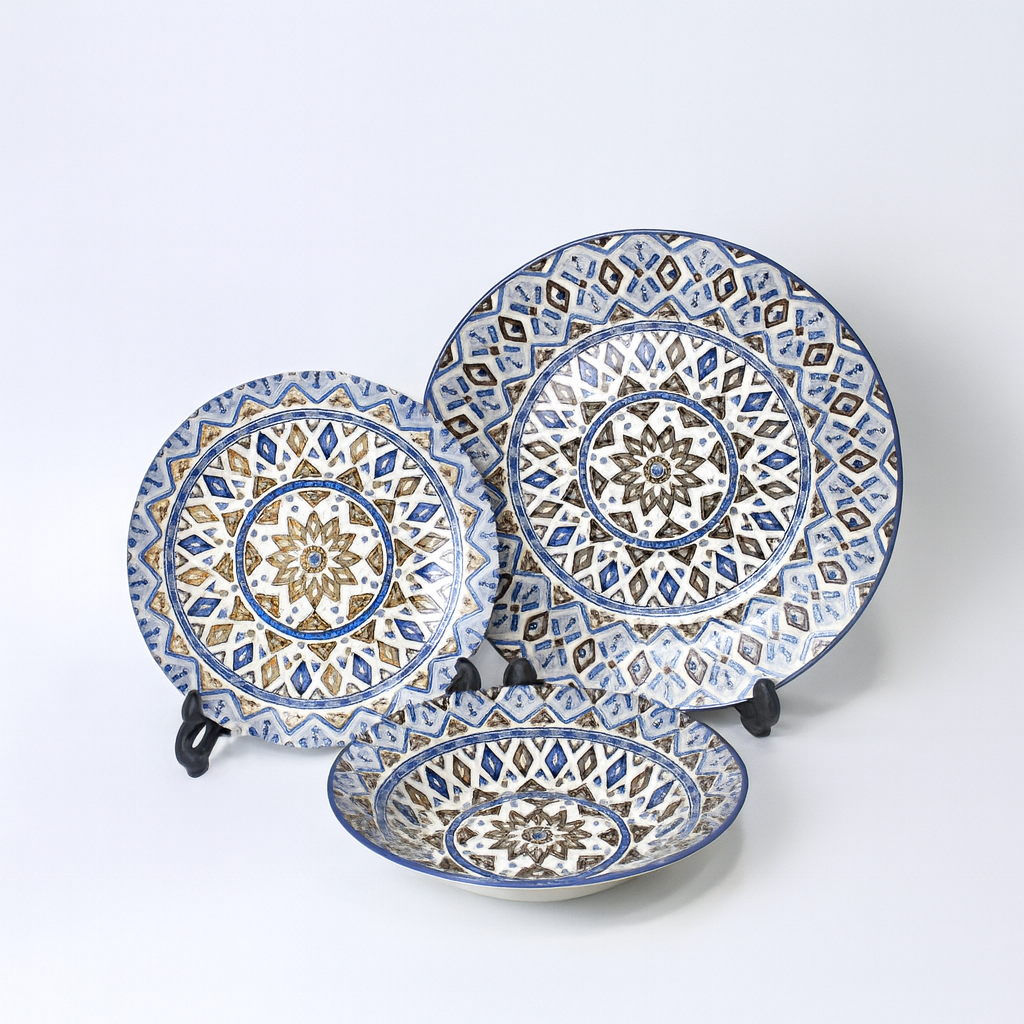 6 Person 18-Piece Blue Floral & Geometric Border Plate Set – Elegant Ceramic Dinnerware Collection