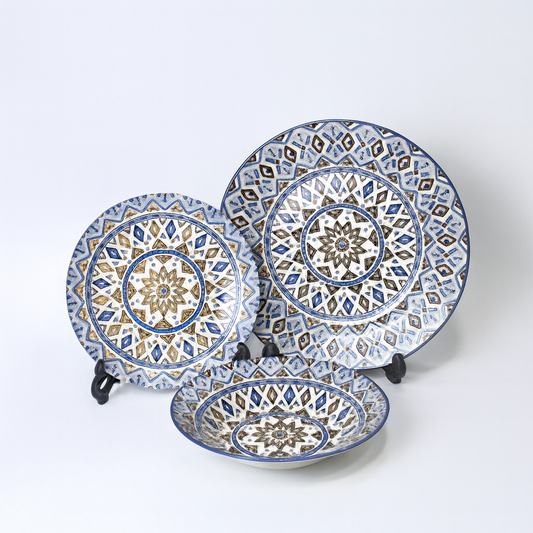 6 Person 18-Piece Blue Floral & Geometric Border Plate Set – Elegant Ceramic Dinnerware Collection