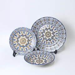 6 Person 18-Piece Blue Floral & Geometric Border Plate Set – Elegant Ceramic Dinnerware Collection