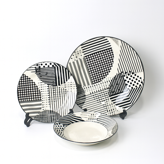 6 Person 18-Piece Black & White Abstract Line/Grid Plate Set – Modern Ceramic Dinnerware Collection