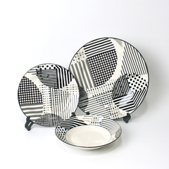 6 Person 18-Piece Black & White Abstract Line/Grid Plate Set – Modern Ceramic Dinnerware Collection