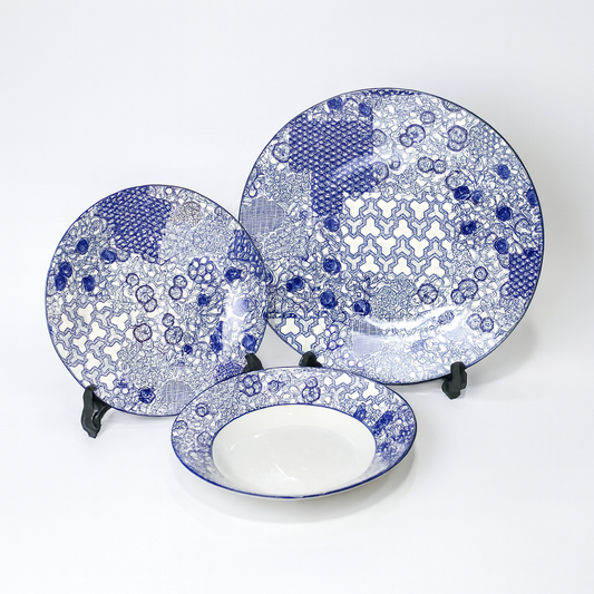 6 Person 18-Piece Blue Floral Classic Plate Set – Elegant Ceramic Dinnerware Collection