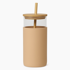 1Pc 500ml Straw Glass Bottle – Reusable with Wooden Lid & Silicone Sleeve (Green, Pink, Blue, Beige)