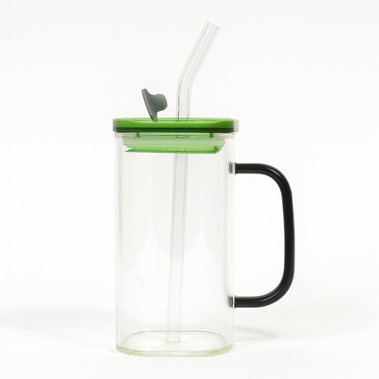 250ml Straw Glass – Clear Borosilicate with Handle, Lid & Reusable Straw (Green, Brown, Blue,Transparent)