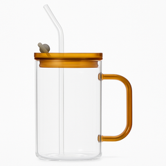 250ml Straw Glass – Clear Borosilicate with Handle, Lid & Reusable Straw (Green, Brown, Blue,Transparent)