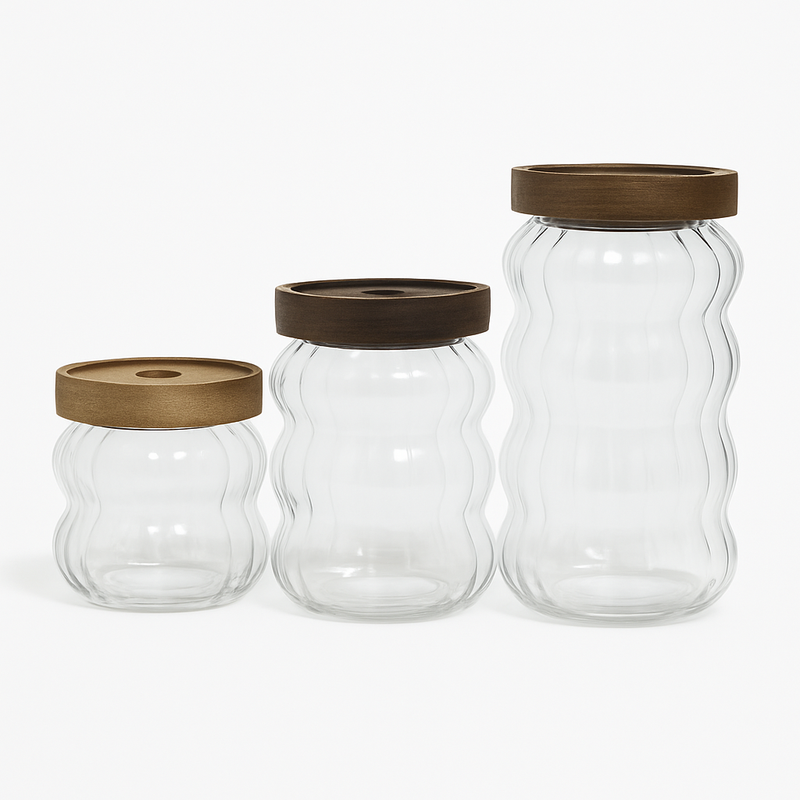 3 Pcs Glass Jar Set with Wooden Lid – Airtight Kitchen Storage Containers (KDJ-02) - Habitt