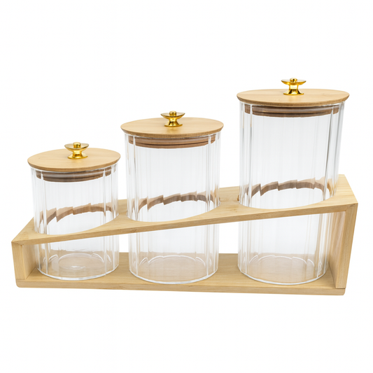 3 Pcs Glass Jar Set with Wooden Stand – Airtight Kitchen Storage Containers
