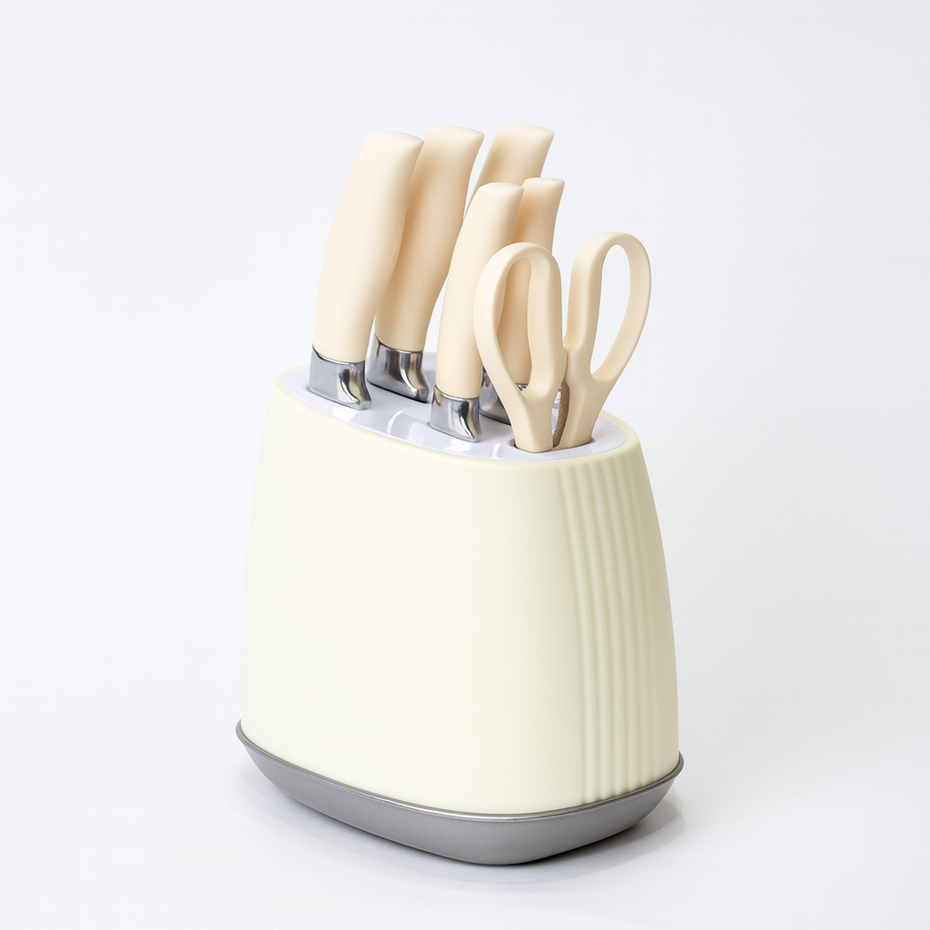7 Pcs Stainless Steel Knife Set with Modern Block – Available in White & Black