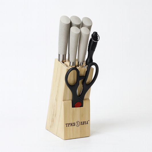 7 Pcs Stainless Steel Knife Set with Wooden Block – Beige Handle Kitchen Knives & Scissors