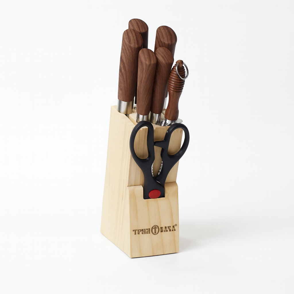 7 Pcs Stainless Steel Knife Set with Wooden Block – Brown Handle Kitchen Knives & Scissors