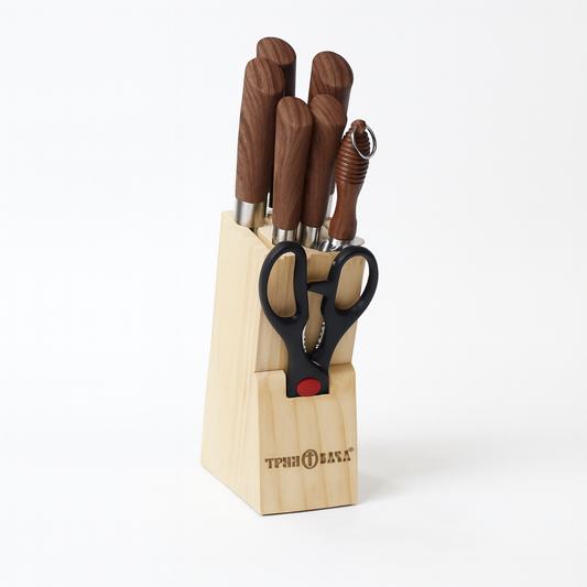 7 Pcs Stainless Steel Knife Set with Wooden Block – Brown Handle Kitchen Knives & Scissors