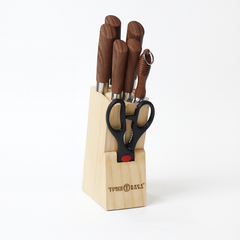 7 Pcs Stainless Steel Knife Set with Wooden Block – Brown Handle Kitchen Knives & Scissors