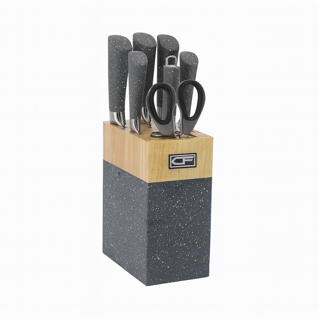 7 Pcs Stainless Steel Knife Set with Granite Block – Grey Handle Kitchen Knives & Scissors