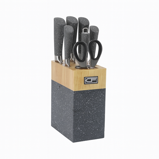 7 Pcs Stainless Steel Knife Set with Granite Block – Grey Handle Kitchen Knives & Scissors