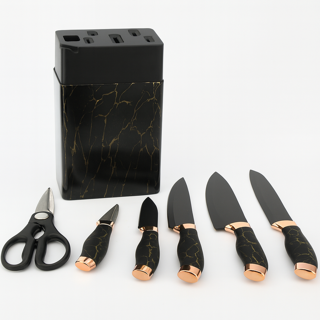 7 Pcs Stainless Steel Knife Set with Storage Block – Black, White & Beige Variants