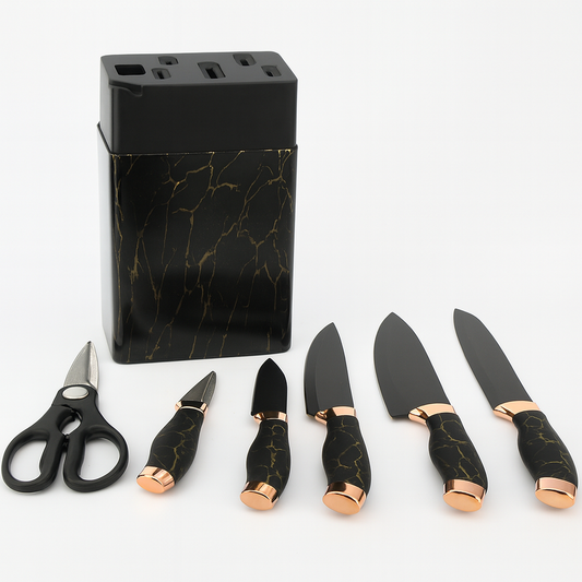 7 Pcs Stainless Steel Knife Set with Storage Block – Black, White & Beige Variants