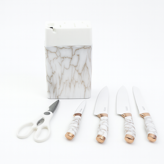 7 Pcs Stainless Steel Knife Set with Storage Block – Black, White & Beige Variants