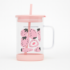 1Pc Cute Printed Glass with Handle & Straw – Drinking Cup