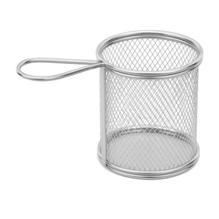 Round Fries Strainer – Silver &amp; Black Stainless Steel Mesh Basket