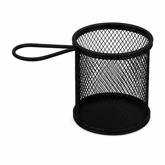 Round Fries Strainer – Silver &amp; Black Stainless Steel Mesh Basket