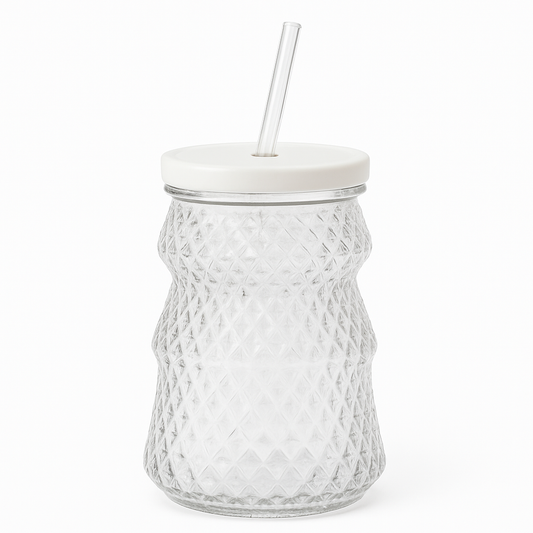 Clear Iced Tea Glass with Lid & Straw – Large Textured Drinking Jar