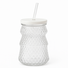Clear Iced Tea Glass with Lid & Straw – Large Textured Drinking Jar