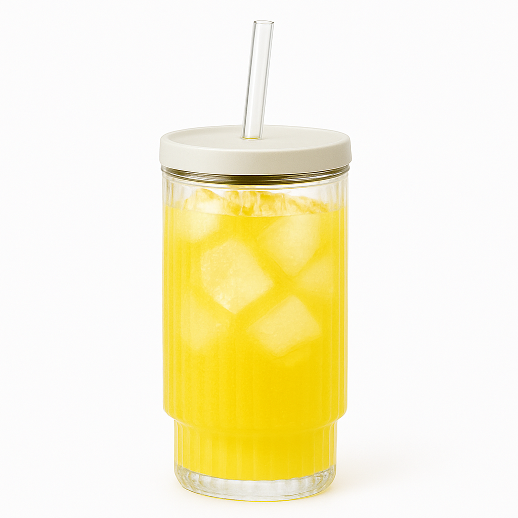Clear Iced Tea Glass with Lid & Straw – Large Vertical Pattern Drinking Jar