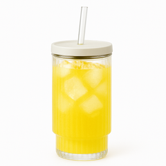 Clear Iced Tea Glass with Lid & Straw – Large Vertical Pattern Drinking Jar