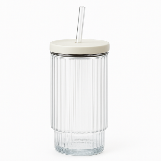 Clear Iced Tea Glass with Lid & Straw – Large Vertical Pattern Drinking Jar