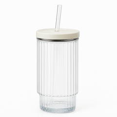 Clear Iced Tea Glass with Lid & Straw – Large Vertical Pattern Drinking Jar