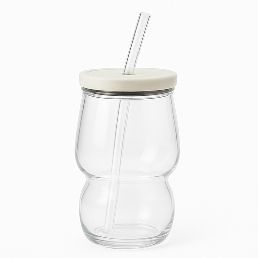 Clear Iced Tea Glass with Lid & Straw – Large Curved Drinking Jar