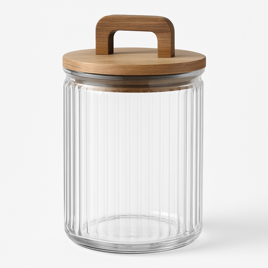 Small Lining Glass Storage Jar with Wooden Handle Lid – Transparent Container
