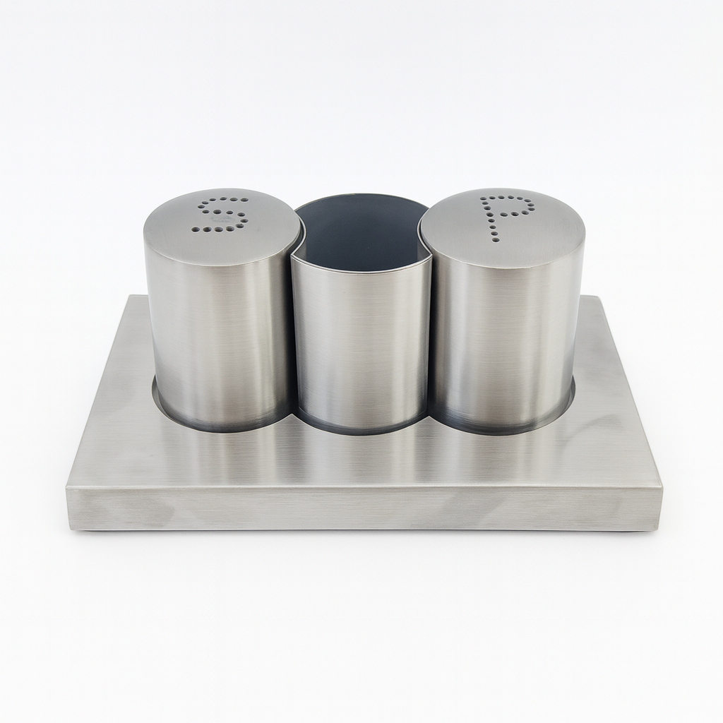 Stainless Steel Salt & Pepper Shaker Set with Toothpick Holder – Modern Tabletop Condiment Set