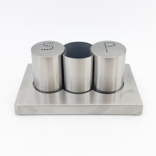 Stainless Steel Salt & Pepper Shaker Set with Toothpick Holder – Modern Tabletop Condiment Set