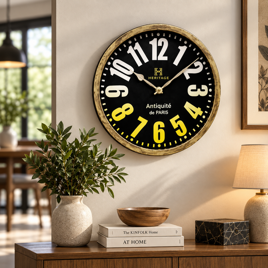 Heritage Oxford 14-Inch Classic Wall Clock – Black Vintage Roman Numeral Dial with Antique Gold Finish
