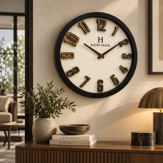 Heritage “Albino” Wall Clock – 20-Inch Modern Rustic Decorative Clock with Embossed Numbers & Black Plastic Frame