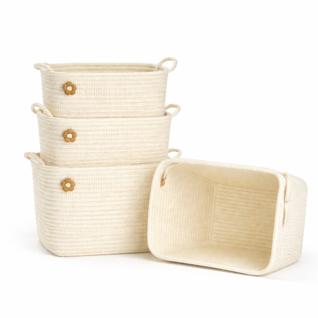 1 Pc Rectangular Plastic Storage Basket with Flower Design – Decorative Organizer with Handles for Kitchen & Home - Habitt