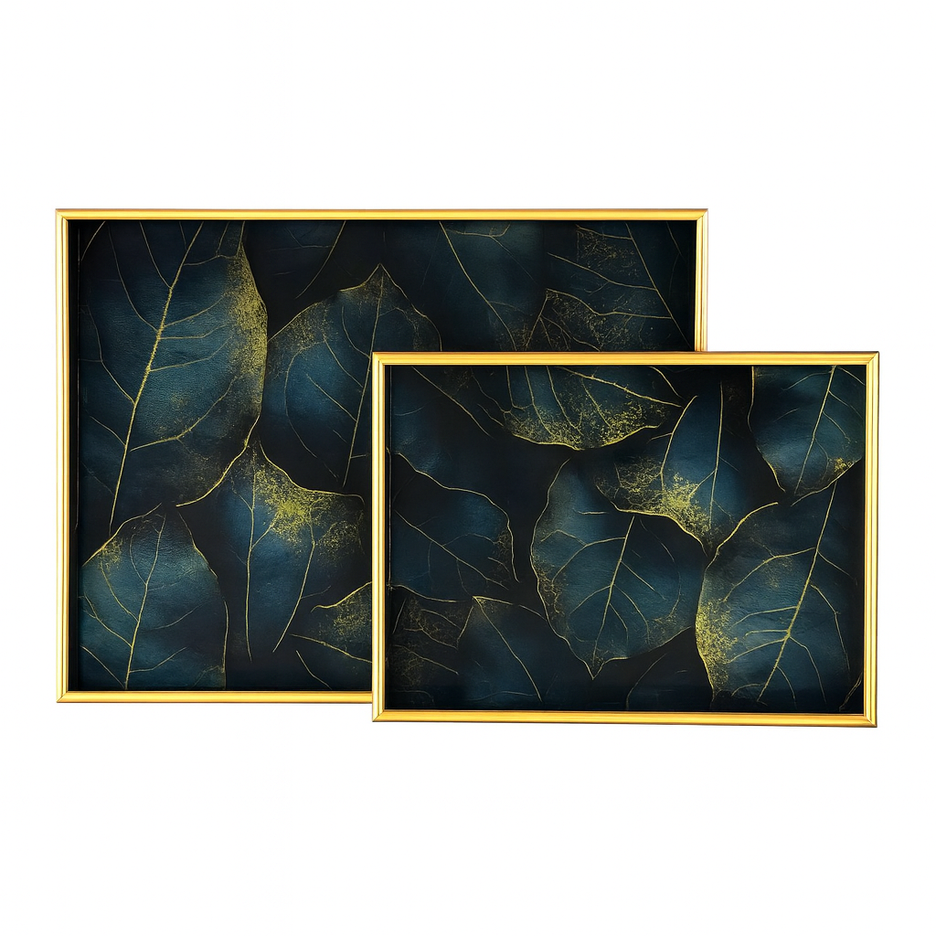 2 Pcs Glass Tray Set – Blue Leaf Design with Golden Frame