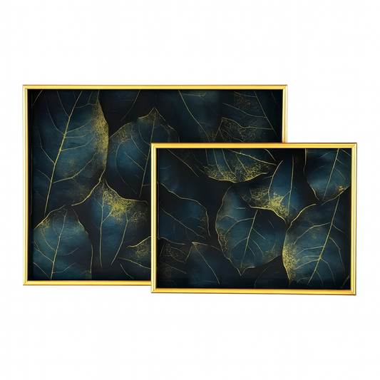 2 Pcs Glass Tray Set – Blue Leaf Design with Golden Frame