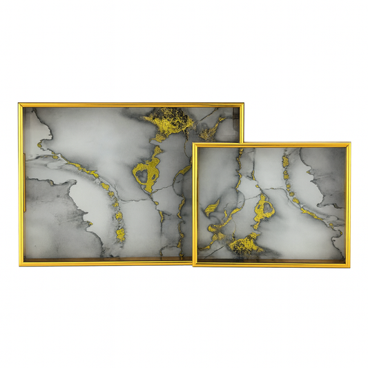 2 Pcs Glass Tray Set – White Marble with Gold Veins & Golden Frame