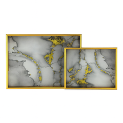 2 Pcs Glass Tray Set – White Marble with Gold Veins & Golden Frame