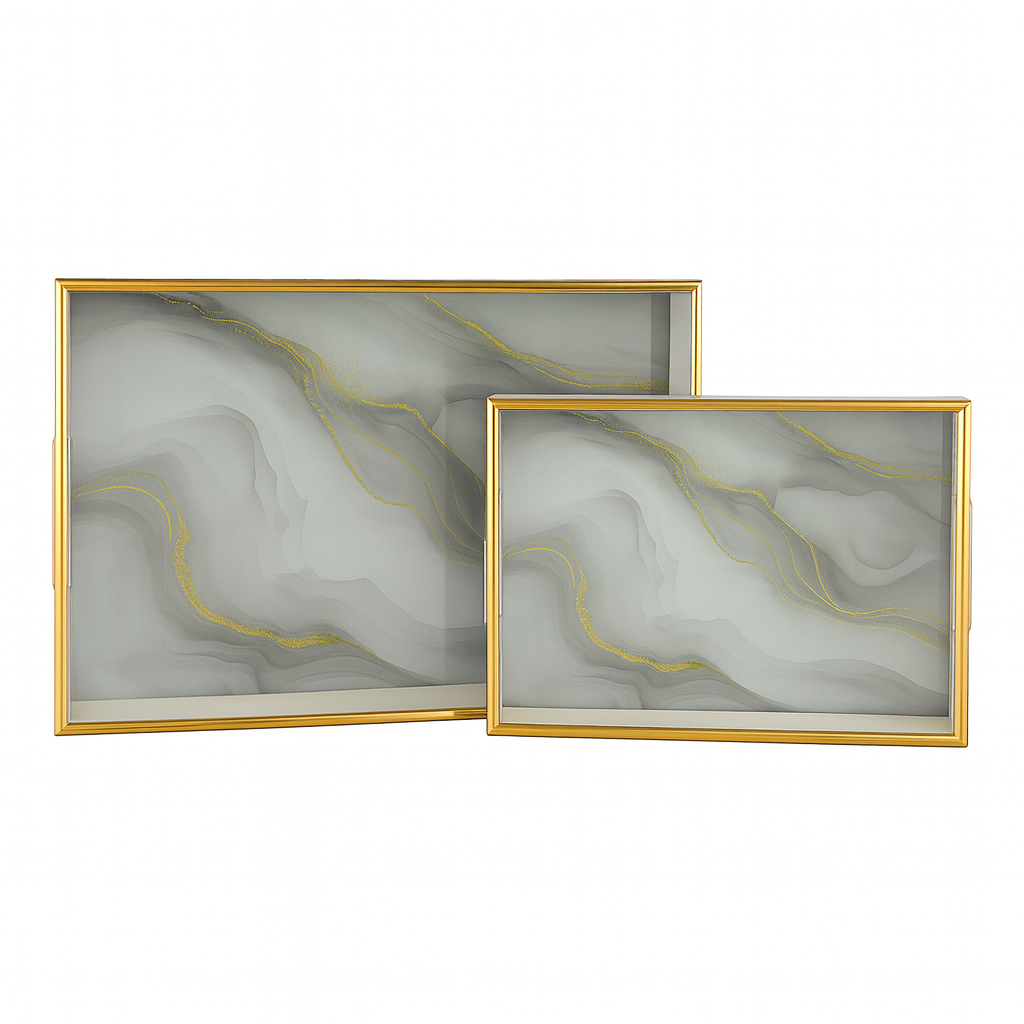 2 Pcs Glass Tray Set – Marble Design with Golden Frame