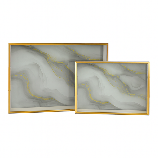 2 Pcs Glass Tray Set – Marble Design with Golden Frame