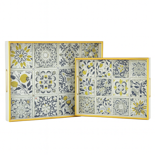 2 Pcs Glass Tray Set – Moroccan Tile Design with Golden Frame