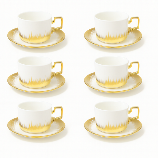 6Pcs 220ML White Porcelain Cup & Saucer with Gold Detailing | Luxury Tea & Coffee Set