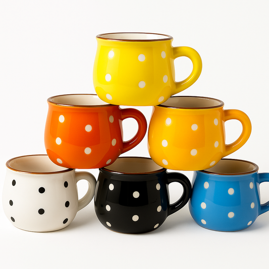Pack of 6 – 150ML Ceramic Polka Dot Mugs | Colorful Tea & Coffee Cups